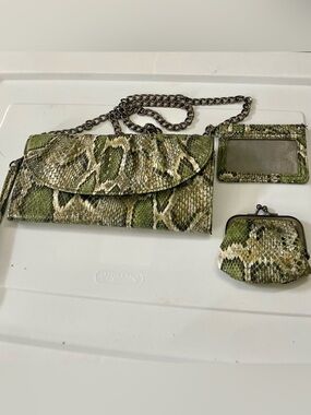 3-pc Set Faux Snakeskin Clutch Crossbody with Coin Purse and ID Card Wallet